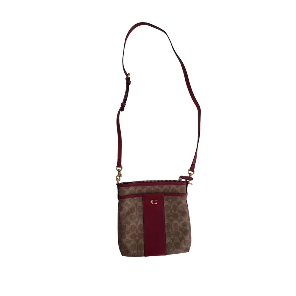 Coach North South Crossbody Bag Signature Canvas Red Leather Trim Gold C Logo